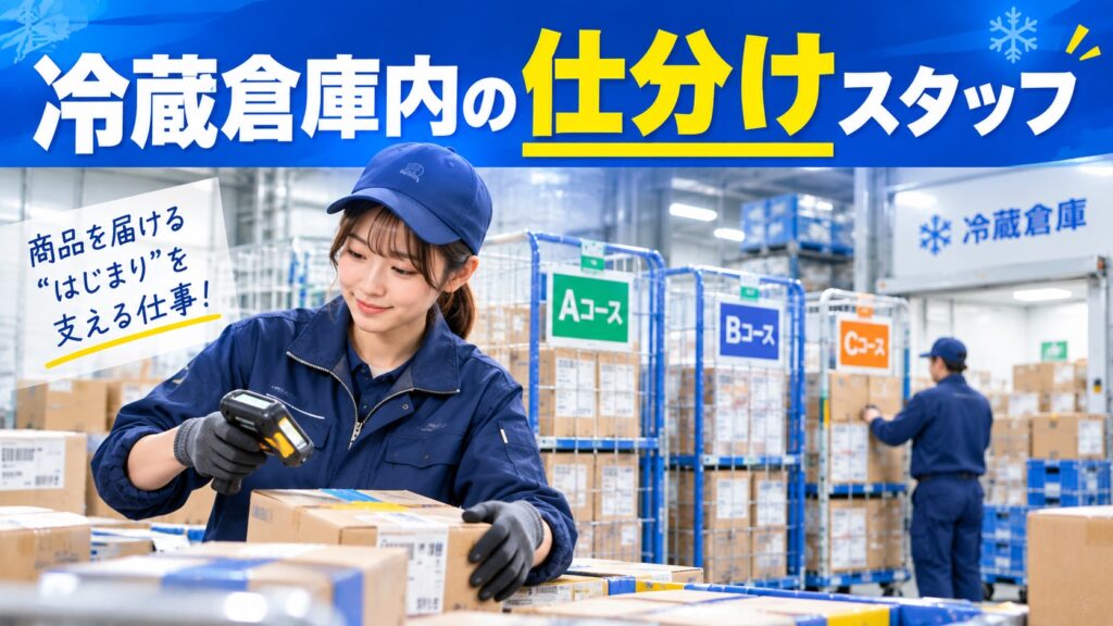 端末を使って荷物を配送先ごとに分ける倉庫内仕分けスタッフ