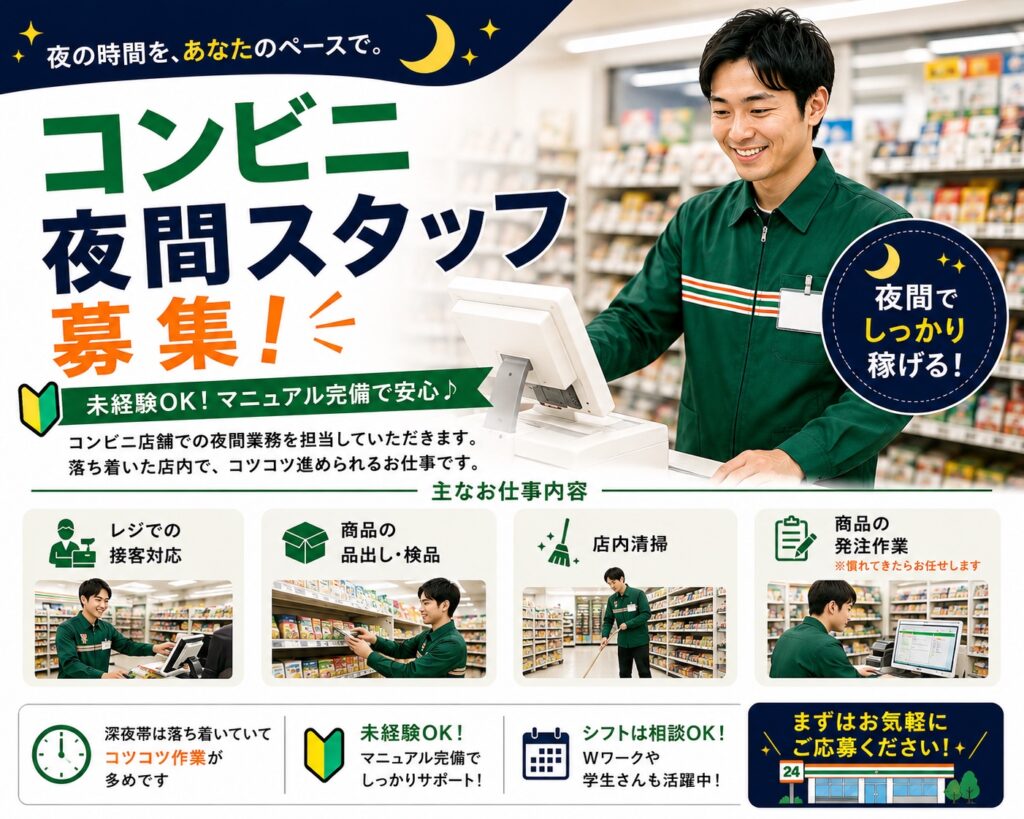 夜勤でしっかり稼げる！レジ・品出し中心のシンプル作業
