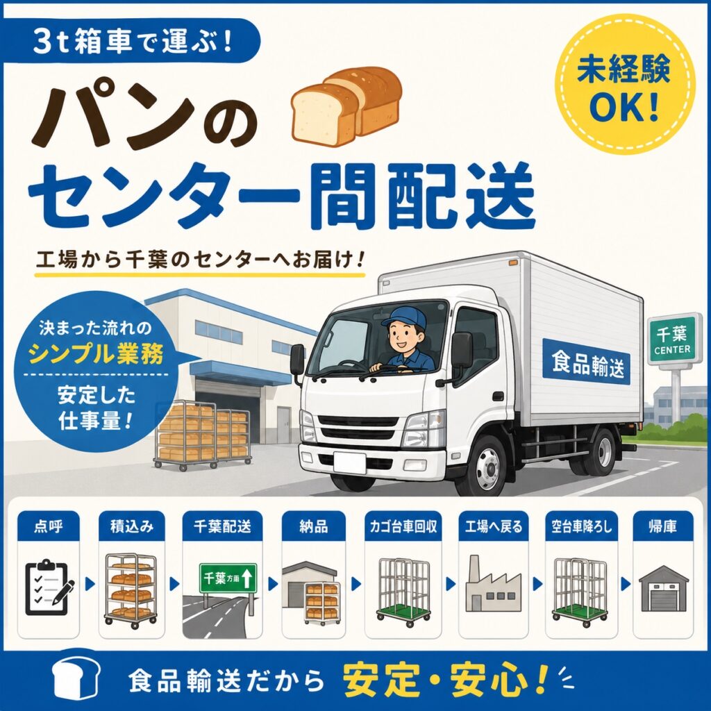 高速移動中心で運転しやすい◎3t箱車･食品のセンター間ルート配送