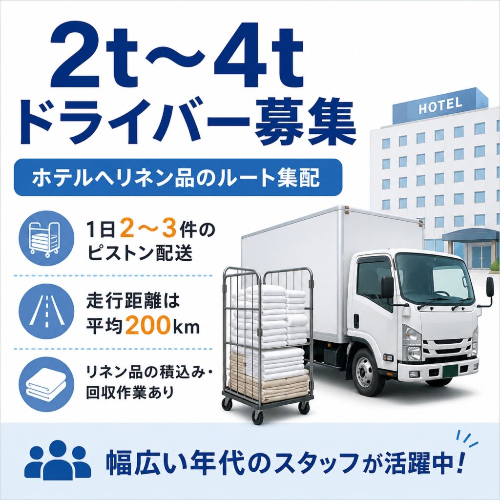 ホテルへリネンを届ける安定配送◎リネン集配ドライバー（2t～4t）