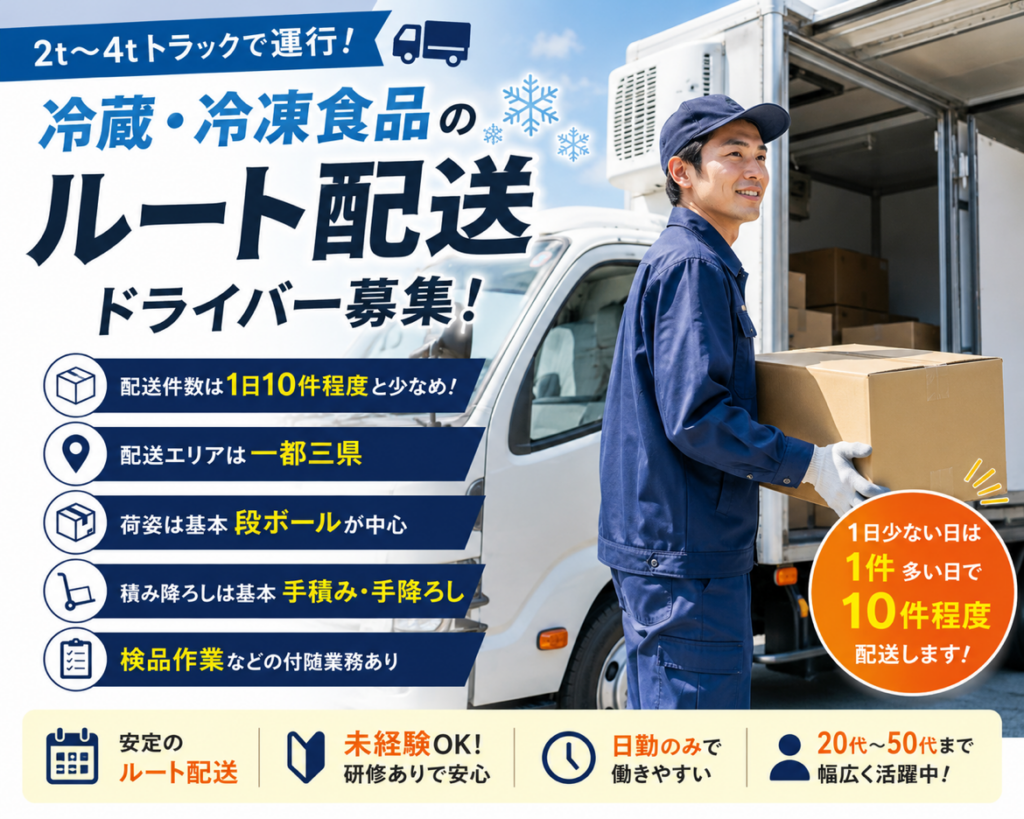 冷蔵・冷凍食品を運ぶルート配送/件数少なめで、段ボール中心の扱いやすい食品配送です