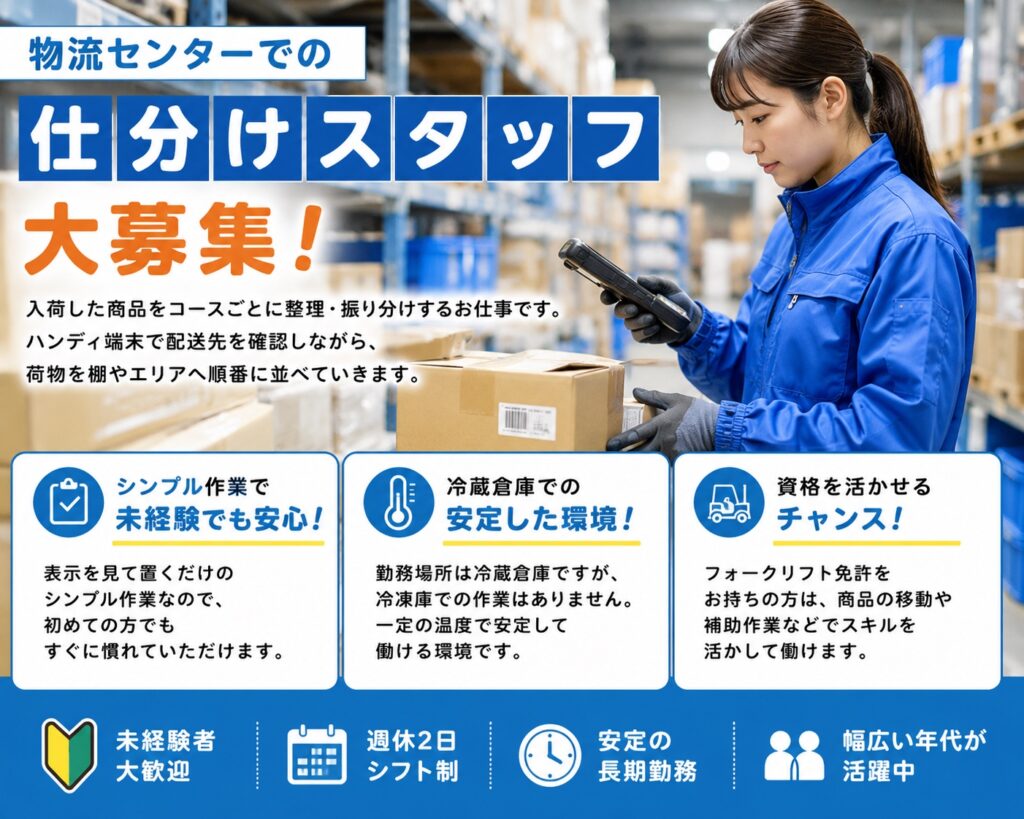 端末を使って荷物を配送先ごとに分ける倉庫内仕分けスタッフ
