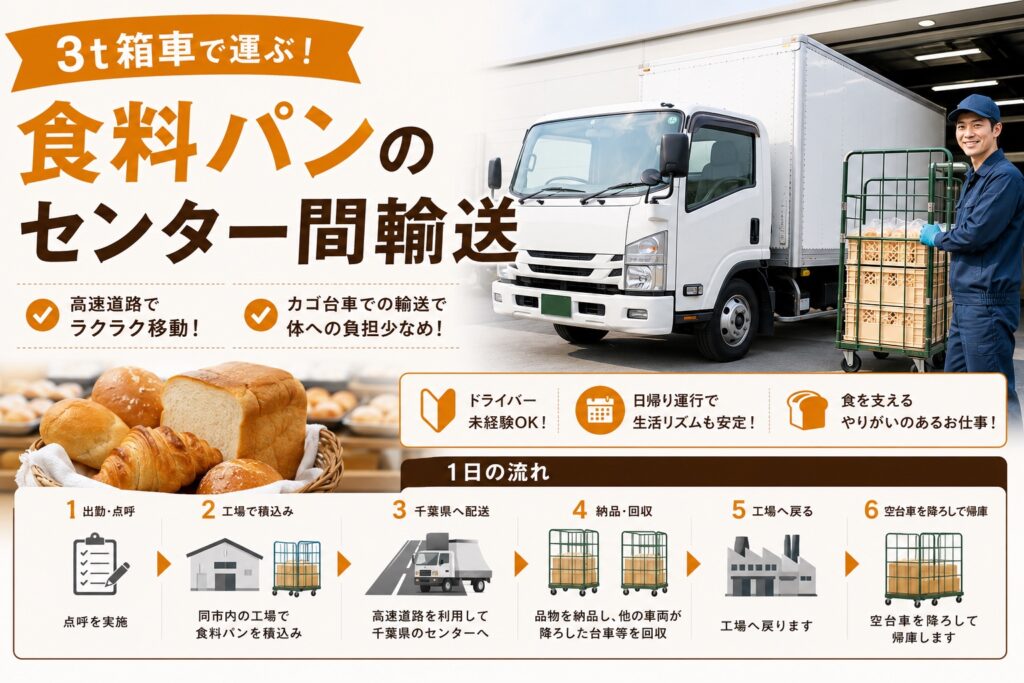 高速移動中心で運転しやすい◎3t箱車･食品のセンター間ルート配送の職場写真
